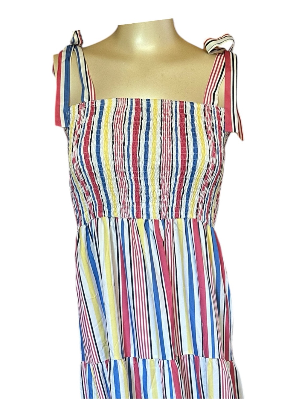 C+D+M Collection Striped Smocked Tie Strap Maxi Dress Large Boho Summer Cotton - Picture 6 of 13